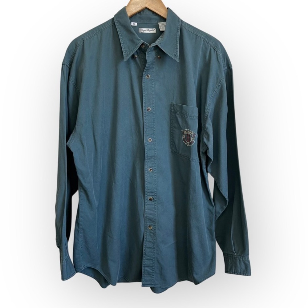 Vintage Bugle‎ Boy Co. 90s Button Up Shirt XL Blue Green Crest Logo Cotton Y2K